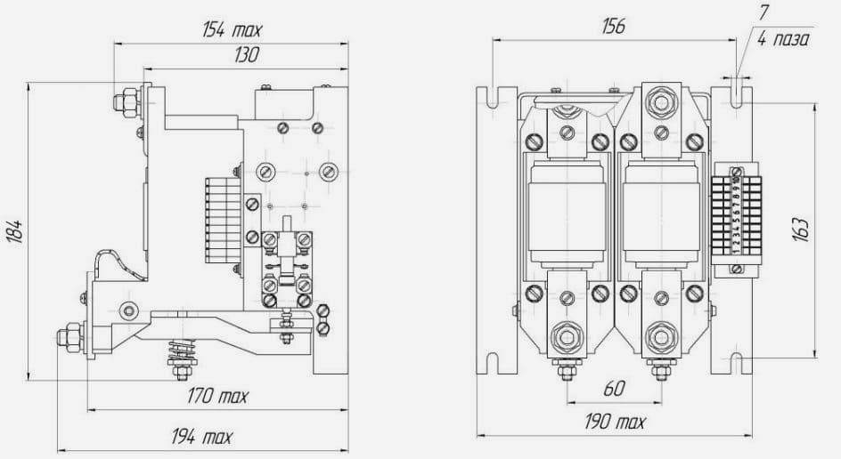 Габаритные, установочные, присоединительные размеры контакторов КВ1,14/160-21 и КВ1,14/250-21