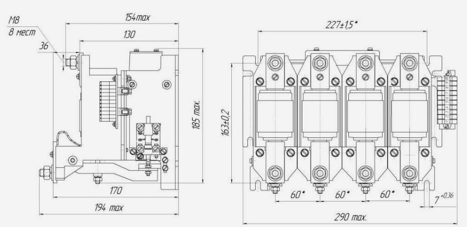 Габаритные, установочные, присоединительные размеры контакторов КВ1,14/160-41 и КВ1,14/250-41
