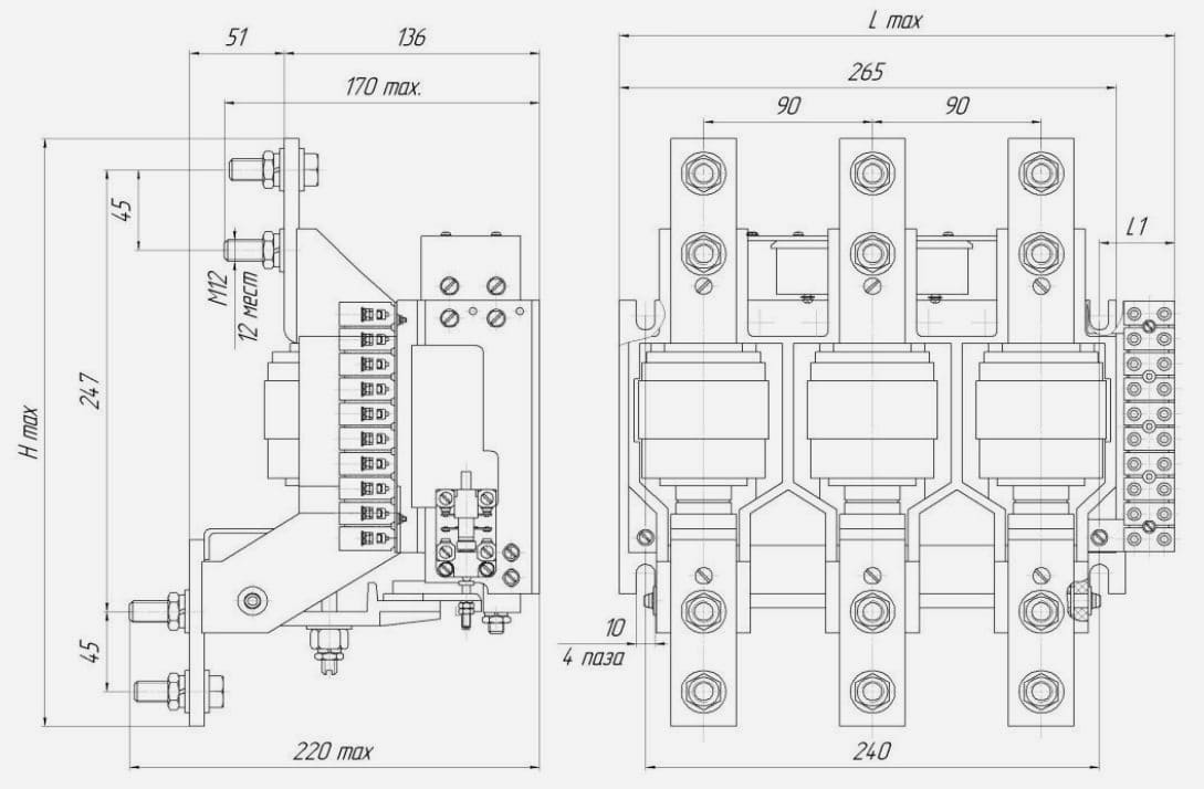 Габаритные, установочные, присоединительные размеры контакторов КВ1,14/400-31 и КВ1,14/630-31, КВ1,14/630-32