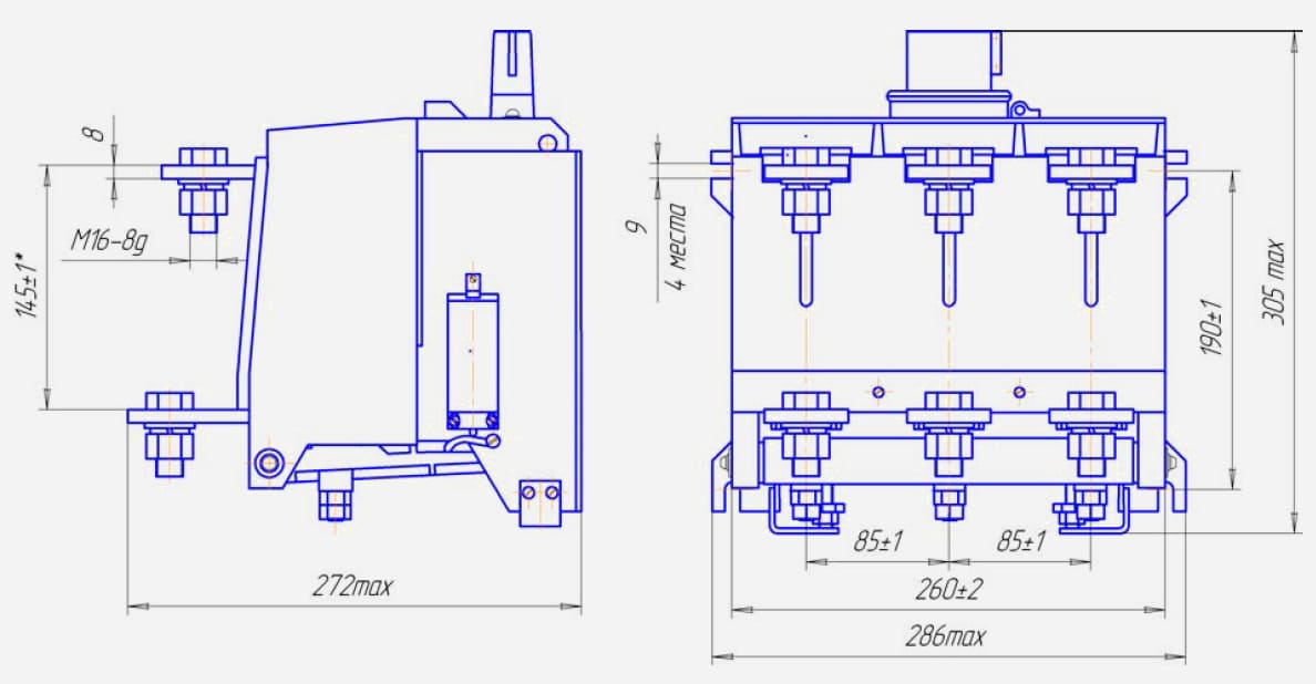 Габаритные, установочные и присоединительные размеры контактора КВТ2-1,14 на 1000А Габаритные, установочные и присоединительные размеры контактора КВТ2-1,14 на 1000А