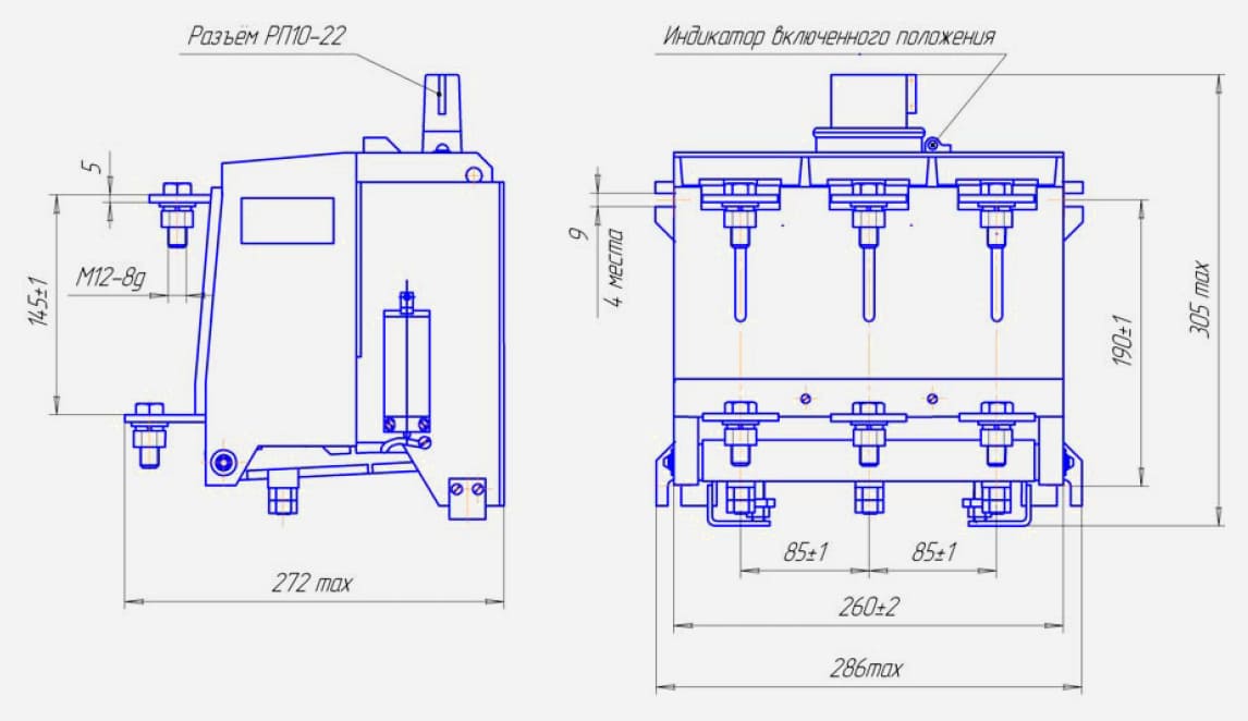 Габаритные, установочные и присоединительные размеры контактора КВТ2-1,14 на 630А Габаритные, установочные и присоединительные размеры контактора КВТ2-1,14 на 630А