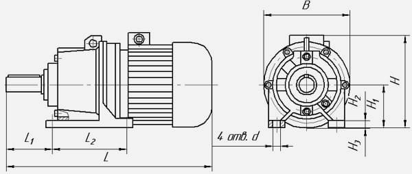 Габаритные и присоединительные размеры мотор-редукторов 3МП на лапах, мм.